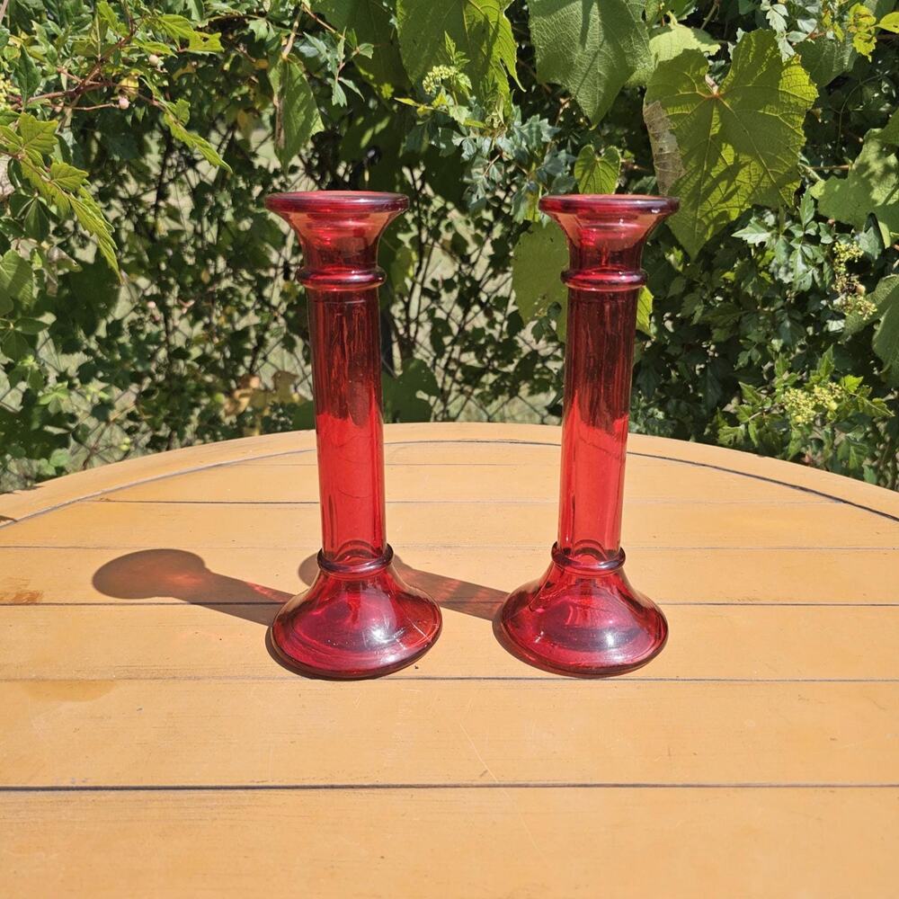 Vintage Indiana Glass Ruby Red Blown Glass Candlestick Holders - Set of 2